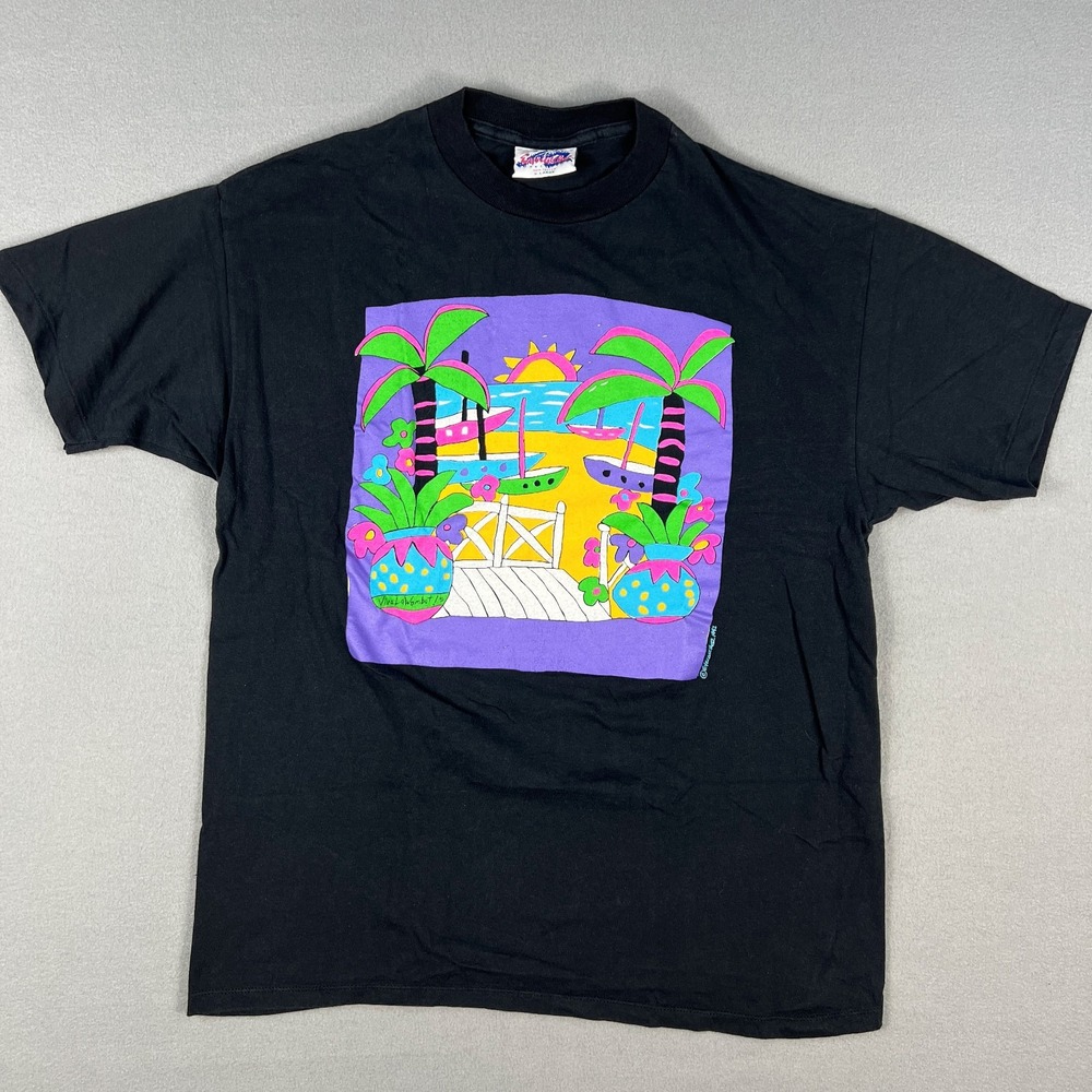 VTG Eyecatcher Beach T Shirt Fits Medium Sailboats Palm‎ Trees Neon Sun 1992 USA